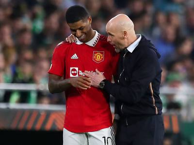 Erik ten Hag, right, with Marcus Rashford, who was this week punished by the club for poor discipline. Getty Images