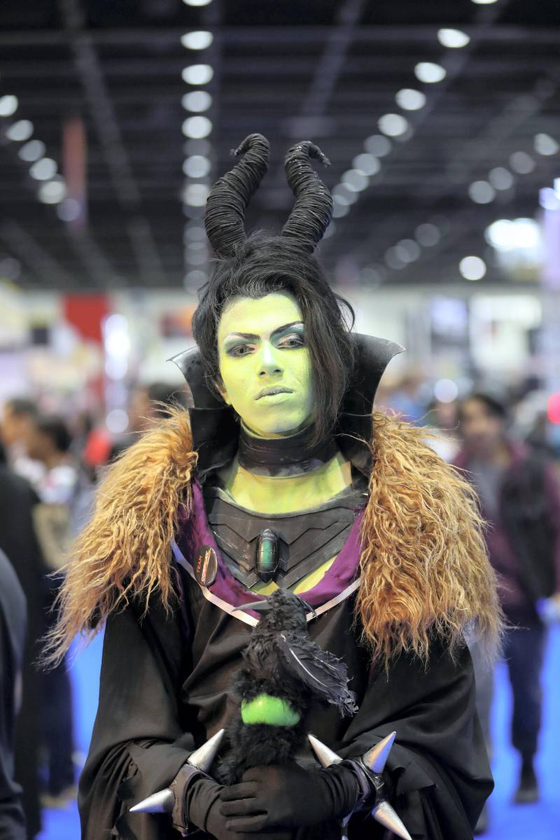 Dubai, United Arab Emirates - April 11, 2019: Visitors dress up as they visit the Middle East Film and Comic Con. Thursday the 11th of April 2019. World Trade Centre, Dubai. Chris Whiteoak / The National