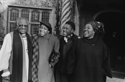 Desmond Tutu with his wife Nomalizo Leah Tutu and other members of his family pictured in the UK, December, 1984. Getty