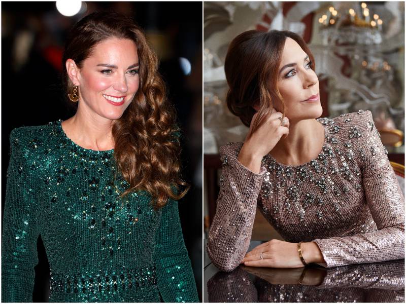 The Duchess of Cambridge wore the Jenny Packham gown in an emerald green shade to attend the Royal Variety Performance on November 18, 2021, while Denmark's Crown Princess Mary chose a champagne hue for a 2022  'Financial Times' photoshoot. Getty Images, Hasse Nielsen