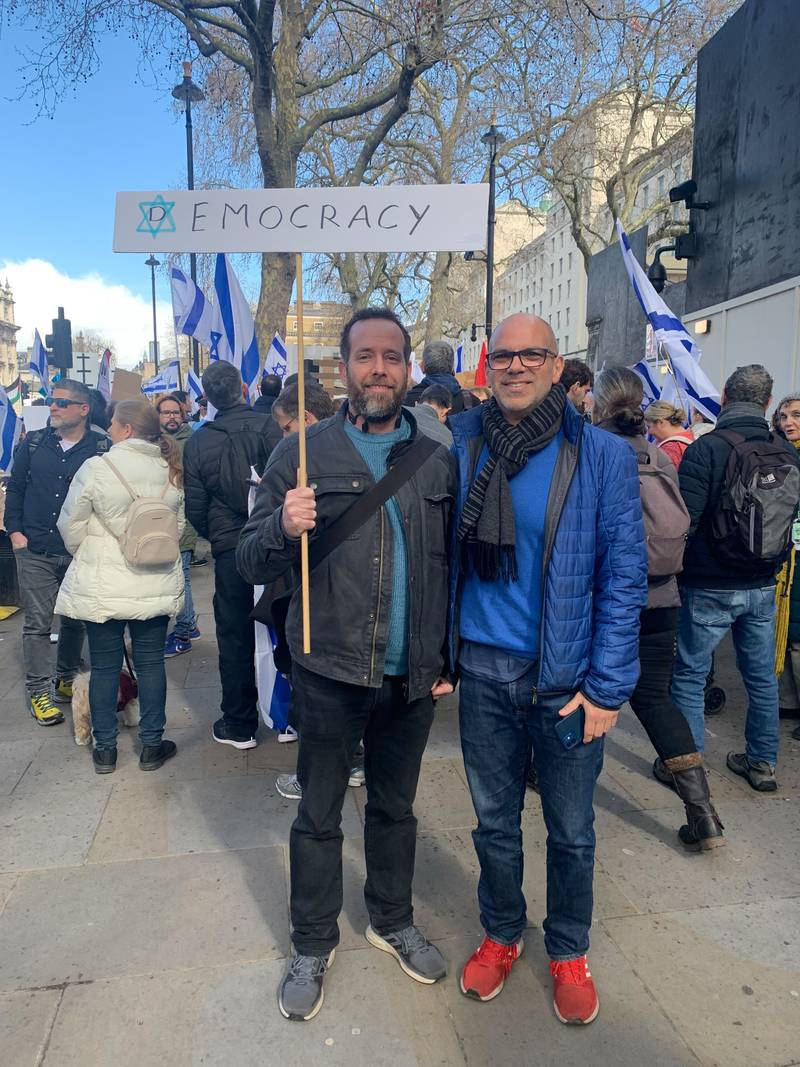 Gideon Delayahu and Michael Feiner protest against Benjamin Netanyahu's proposed judicial reforms in Whitehall. Photo: The National