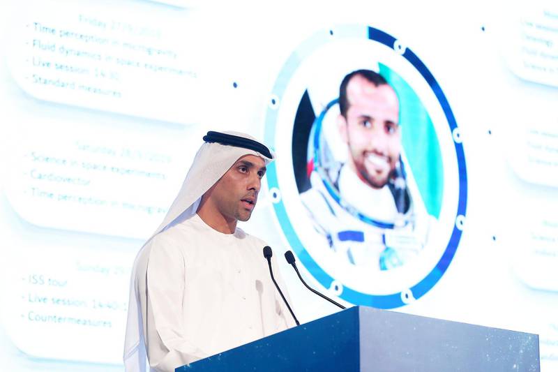 DUBAI ,  UNITED ARAB EMIRATES , AUGUST 26 – 2019 :- Salem Humaid Al Marri , Assistant DG, Science and Technology Sector , Head of the UAE Astronaut Programme speaking during the press conference about the progress of UAE astronauts held at the Armani Hotel in Dubai. ( Pawan Singh / The National ) For News. Story by Patrick