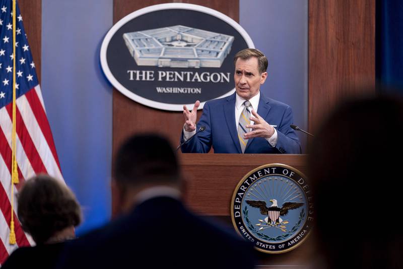 Pentagon spokesman John Kirby speaks during a briefing at the Pentagon on Wednesday. AP