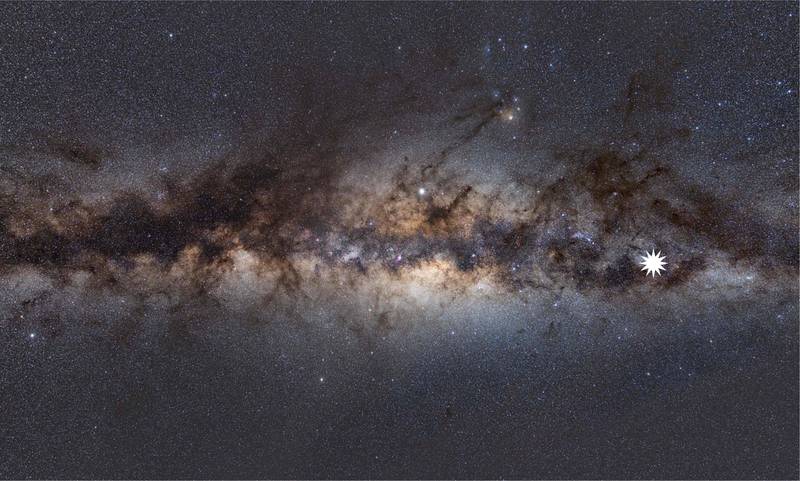 Gizemli yinelenen geçici olayın konumunu gösteren bir yıldız simgesiyle Dünya'dan bakıldığında Samanyolu. AFP aracılığıyla Natasha Hurley-Walker