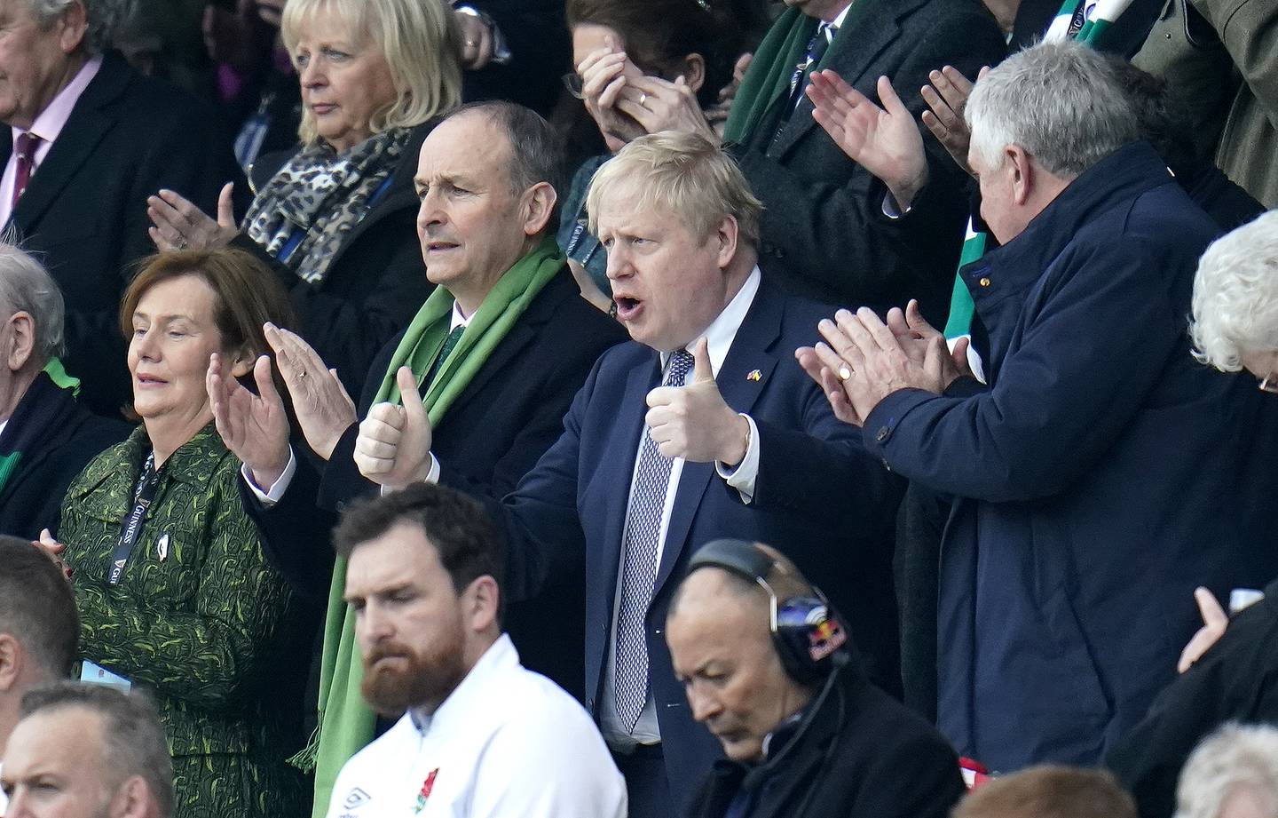Taoiseach Micheal Martin and Prime Minister Boris Johnson in the stands during the Guinness Six Nations match at Twickenham Stadium.