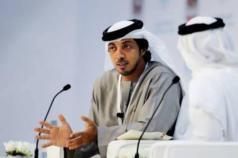 Sheikh Mansour bin Zayed, Deputy Prime Minister and Minister of Presidential Affairs, speaks at the Government Summit in Dubai. Sarah Dea / The National