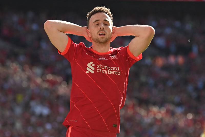 Liverpool striker Diogo Jota reacts after missing a chance to score. AFP