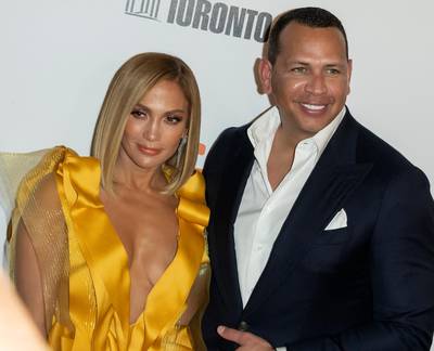epa07827059 US actress and cast member Jennifer Lopez (L) and husband Alex Rodriguez (R) arrive for the screening of the movie 'Hustlers' during the 44th annual Toronto International Film Festival (TIFF) in Toronto, Canada, 07 September 2019. The festival runs 05 to 15 September.  EPA-EFE/WARREN TODA