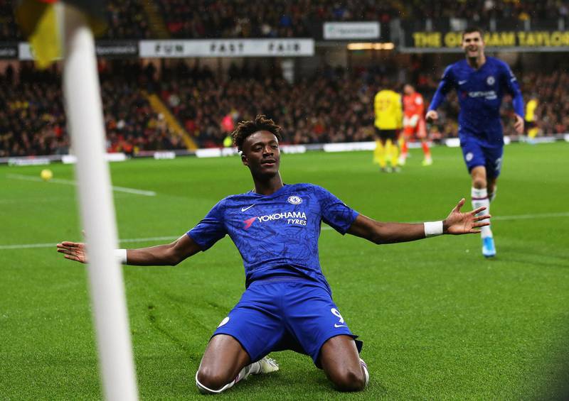 Chelsea's Tammy Abraham celebrates after scoring against Watford at Vicarage Road in 2019.