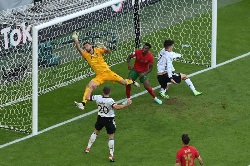 Germany's Robin Gosens heads the ball to make it 4-1 against Portugal. AFP