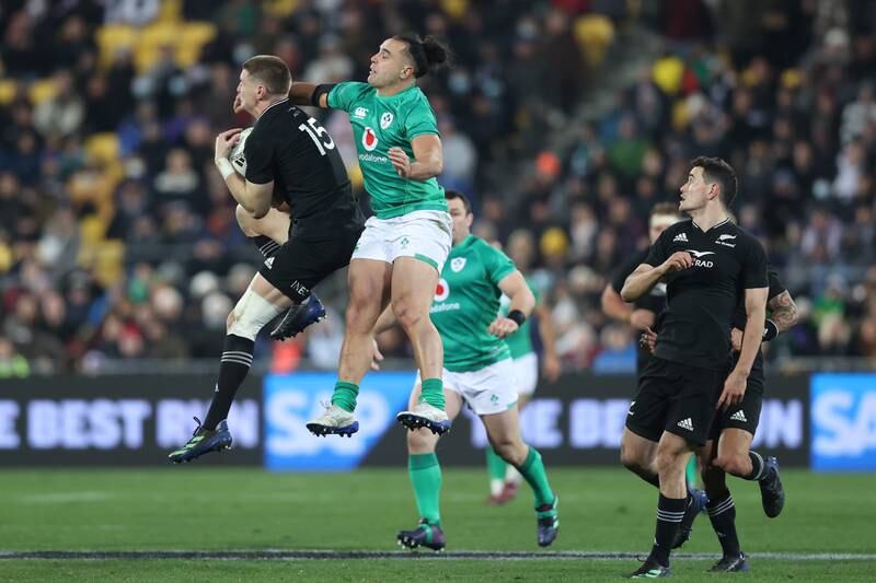 James Lowe of Ireland competes for the high ball with Jordie Barrett of the All Blacks. Getty