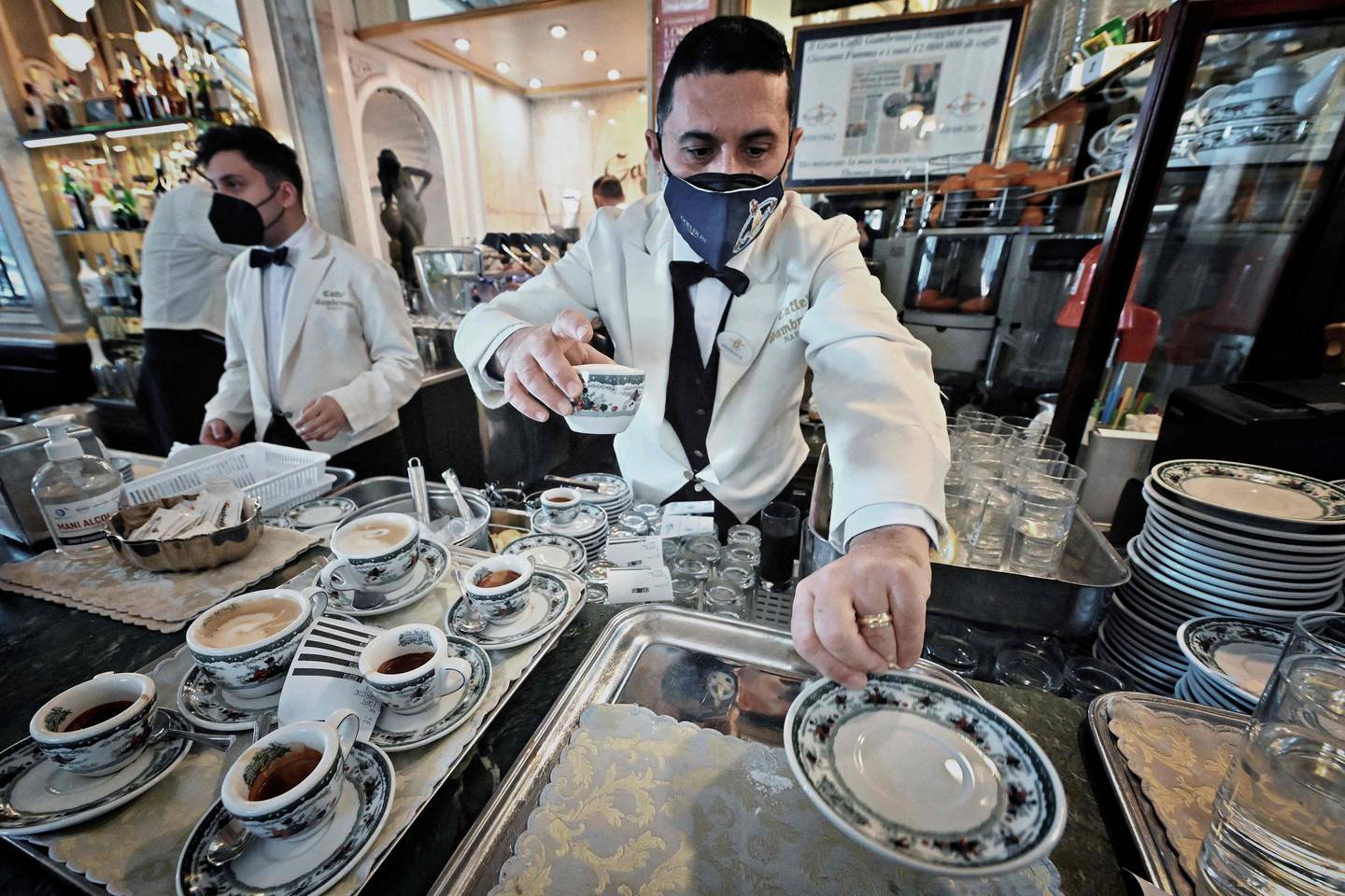 Espressos being served at the Gran Caffe Gambrinus in Naples, Italy in February. AFP