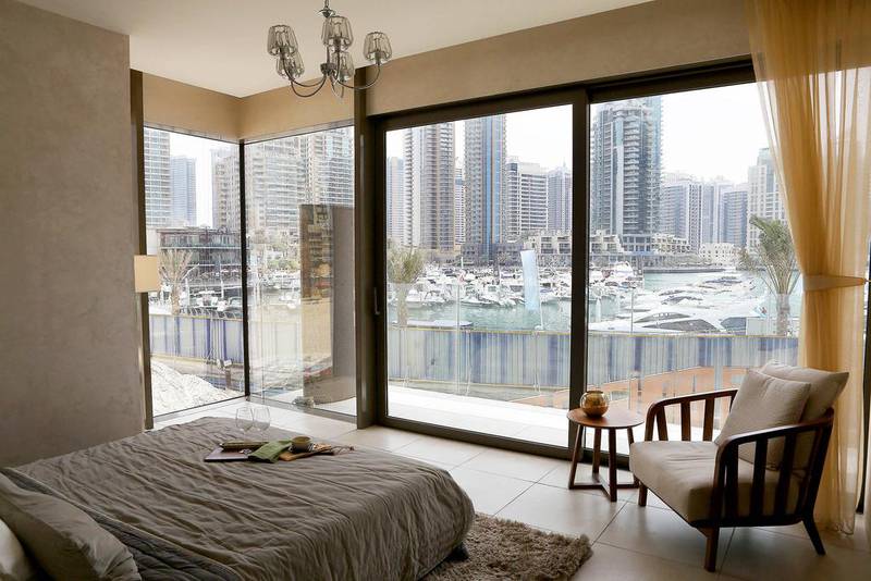 The bedroom in the apartment at the Marina Gate sales office in Dubai Marina in Dubai. Pawan Singh / The National