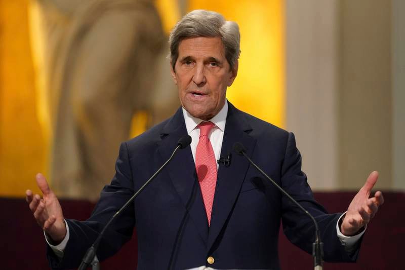 John Kerry, the US special envoy for climate, speaks during the Net Zero Delivery Summit at Mansion House, London. PA via AP