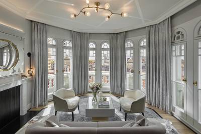The Turret suite living room at the Mandarin Oriental Hyde Park was designed by Joyce Wang. Courtesy Mandarin Oriental Hotel Group