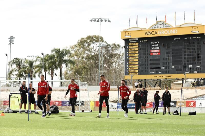 Players warm up during a Manchester United training session at the WACA on July 21, 2022 in Perth, Australia. Getty Images