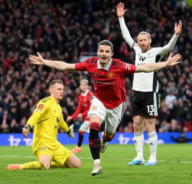 Marcel Sabitzer celebrates after scoring Manchester United's second goal in their 3-1 FA Cup quarter-final win over Fulham at Old Trafford on March 19, 2023. Getty