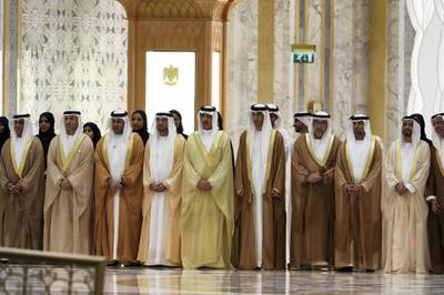 ABU DHABI , UNITED ARAB EMIRATES , October 15  – 2019 :- Members of the UAE delegates during the visit of Vladimir Putin, President of Russia at the Presidential Palace in Abu Dhabi.  ( Pawan Singh / The National )  For News. Story by John