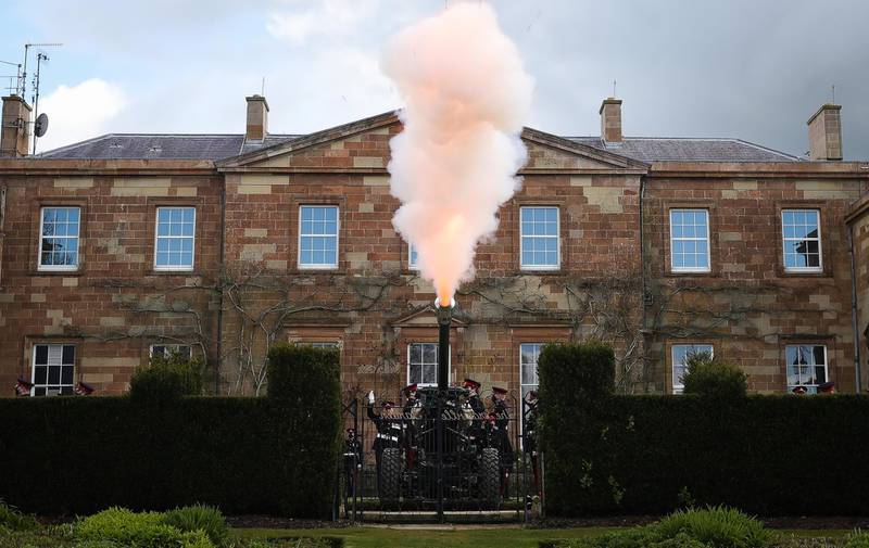 Soldiers from 206 Battery, 105 Royal Artillery, take part in a gun salute to the Duke of Edinburgh at Hillsborough Castle in Hillsborough, Northern Ireland. Getty Images