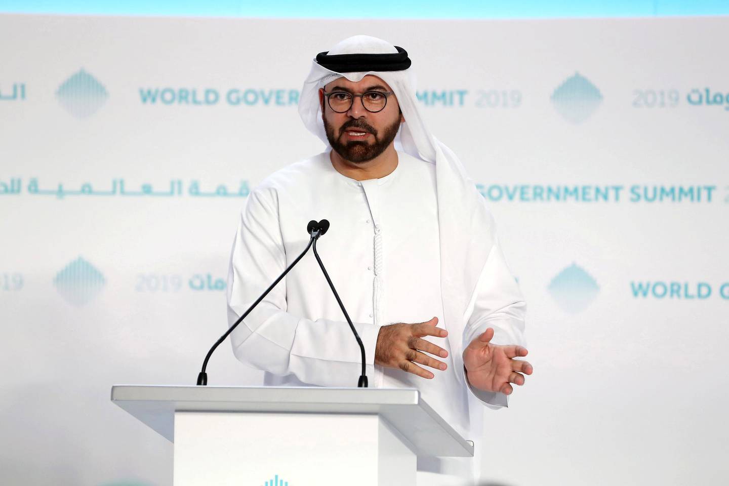 DUBAI , UNITED ARAB EMIRATES , January 30 – 2019 :- Mohammad Abdulla Al Gergawi , Minister of Cabinet Affairs and the Future of the United Arab Emirates speaking during the World Government Summit press conference held at the Boulevard at Emirates Towers in Dubai. ( Pawan Singh / The National ) For News. Story by Patrick