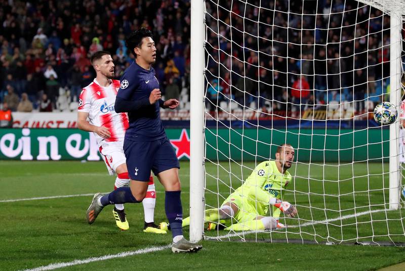 Tottenham Hotspur's  Son Heung-min scores their third goal  against Red Star Belgrade in the Champions League on Wednesday. Reuters