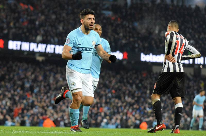 Manchester City's Sergio Aguero celebrates after scoring his side's third goal during the English Premier League soccer match between Manchester City and Newcastle United at the Etihad Stadium in Manchester, England, Saturday, Jan. 20, 2018. (AP Photo/Rui Vieira)