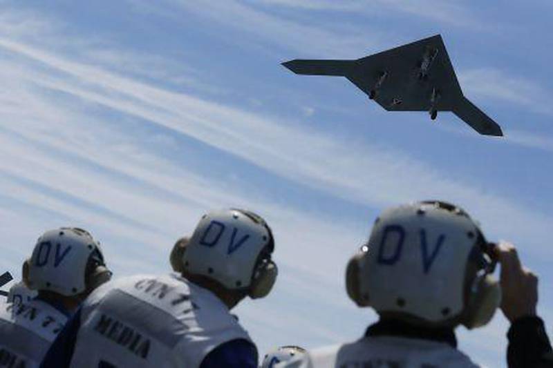 An X-47B pilot-less drone is launched for the first time off an aircraft carrier, the USS George H. W. Bush, in the Atlantic Ocean off the coast of Virginia.
