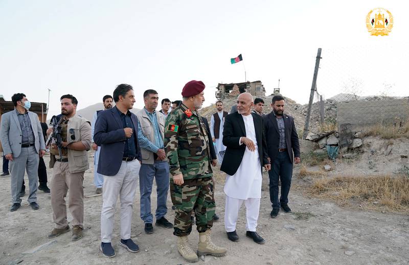 Afghanistan's president Ashraf Ghani and acting defence minister Bismillah Khan Mohammadi visit military corps in Kabul on August 14, 2021. Reuters