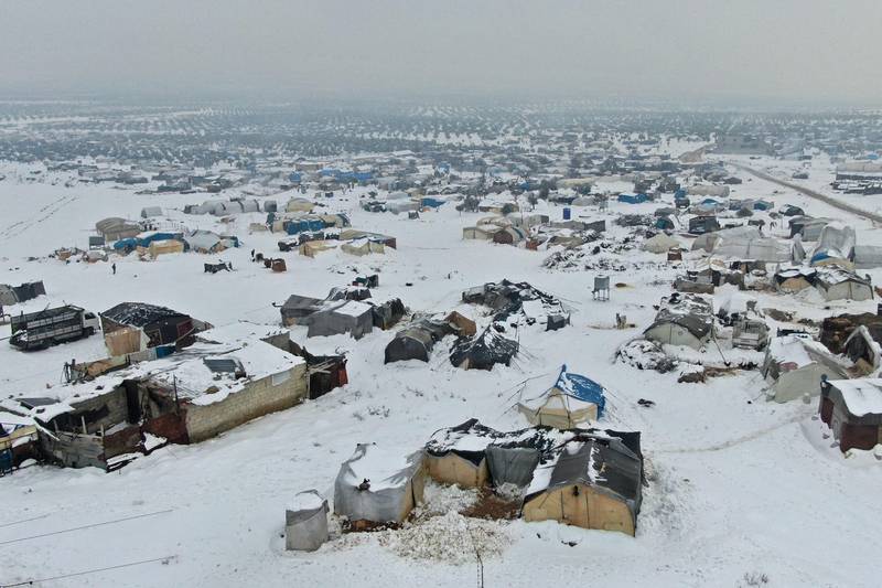 A camp for internally displaced people is covered in snow near the town of Azaz in Syria's Aleppo province, on January 23. AFP