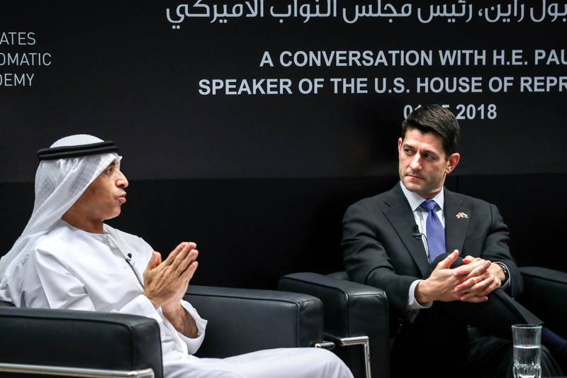 Abu Dhabi, U.A.E., January 25, 2018.   Conversation with Speaker of the US House of Representatives Paul Ryan (center) and UAE Ambassador to the US Yousef Al Otaiba (left).  Victor Besa / The National