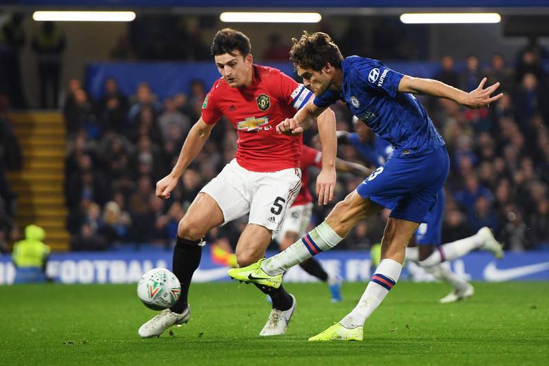 Chelsea's Marcos Alonso shoots under pressure from Harry Maguire of Manchester United. Getty