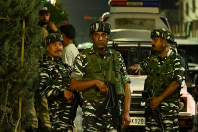 Indian security personnel stand guard in Srinagar on Wednesday. AFP