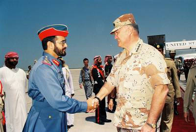 Sheikh Mohammed bin Zayed recieves General Herbert Norman Schwarzkopf in 1991. Courtesy Al Ittihad archive.