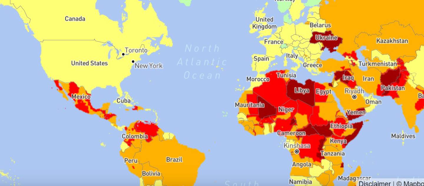 Countries marked dark red, such as Ukraine, Libya, Iraq and Yemen, face an 'extreme security risk'. Photo: International SOS