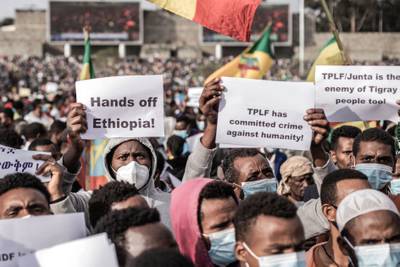 Protesters in Addis Ababa hold signs in support of Ethiopia's armed forces.