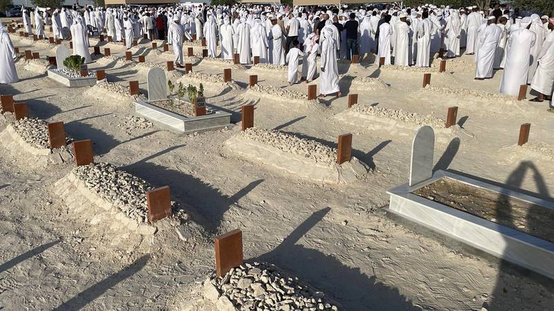 Hundreds of Emiratis attend the burial of Ms Mitchell at Bani Yas graveyard in Abu Dhabi after hearing that she had just a handful of surviving relatives. Photo: Janaza_UAE
