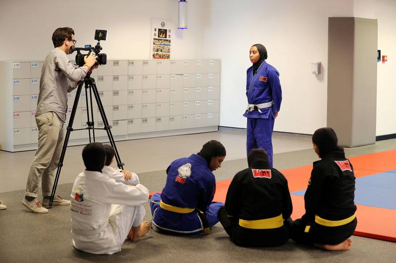 ABU DHABI , UNITED ARAB EMIRATES , AUG 27 – 2017 :- Mahra Ayed Alrwais during the interview before the training of UAE women’s junior national Jiu Jitsu team at the Arena at Zayed Sports City in Abu Dhabi. ( Pawan Singh / The National ) Story by Amith Passela