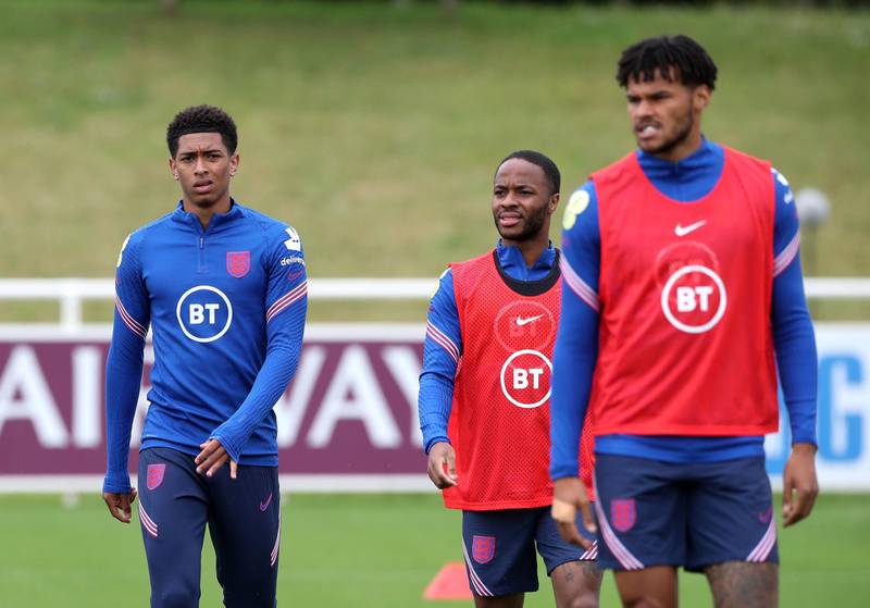 Jude Bellingham, Raheem Sterling and Tyrone Mings during training at St George's Park ahead of England's Euro 2020 last 16 clash with Germany on Tuesday. PA