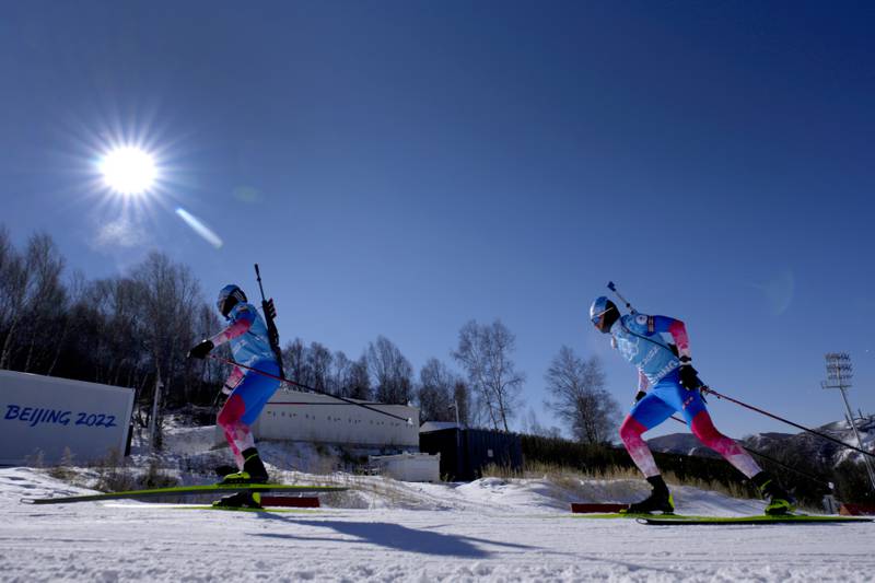 Athletes train at the National Biathlon Center ahead of the 2022 Winter Olympics. AP