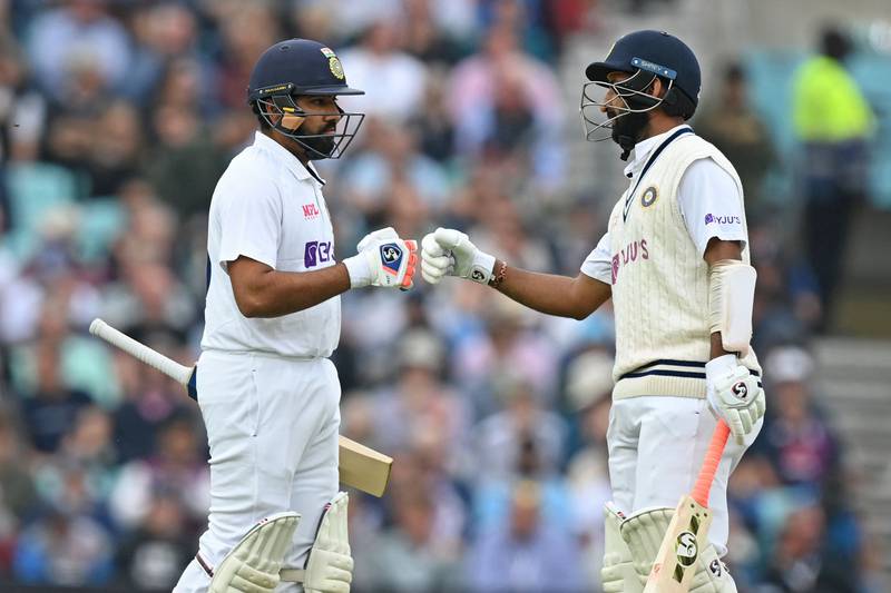 Rohit Sharma and Cheteshwar Pujara, right, powered India to a strong position on the third day of the fourth Test against England at The Oval on Saturday, September 4, 2021. AFP
