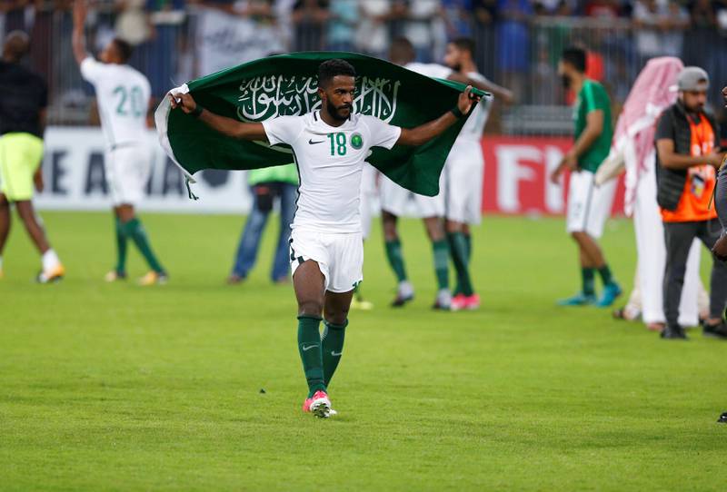 Soccer Football - 2018 World Cup qualifications - Saudi Arabia v Japan - Jeddah, Saudi Arabia - September 5, 2017 - Nawaf Al Abed of Saudi Arabia celebrates the victory against Japan. REUTERS/Faisal Al Nasser