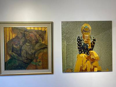 Artwork for sale includes a 2021 piece by Souad Mardam Bey (far right) selling for $14,000. Nada El Sawy / The National