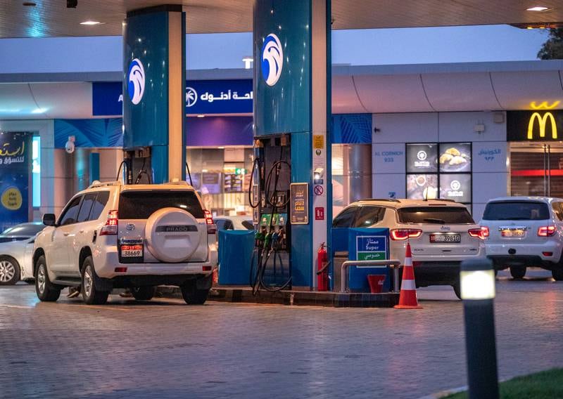 An Adnoc petrol station in central Abu Dhabi. Petrol prices for September 2022 have been announced. Victor Besa / The National
