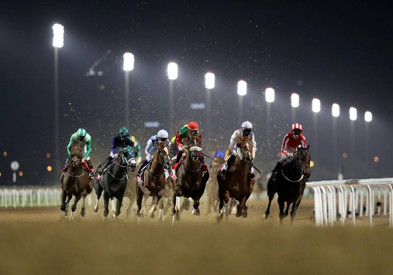 Dubai, United Arab Emirates - Reporter: Amith Passela. Sport. Horse Racing. Salute The Soldier ridden by Adrie de Vries (red and white stripes) wins the Al Maktoum Challenge R3 on Super Saturday at Meydan. Dubai. Saturday, March 6th, 2021. Chris Whiteoak / The National