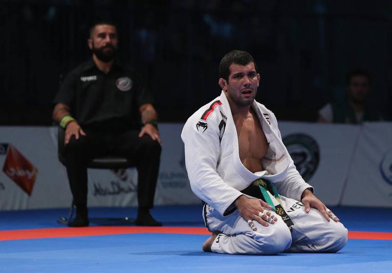 Brazil's Rodolfo Veiera reacts after losing against Marcos Almeida of Brazil in the men's black belt open weight finals during the Abu Dhabi World Professional Jiu-Jitsu Championship at First Gulf Bank Arena. Francois Nel / Getty Images