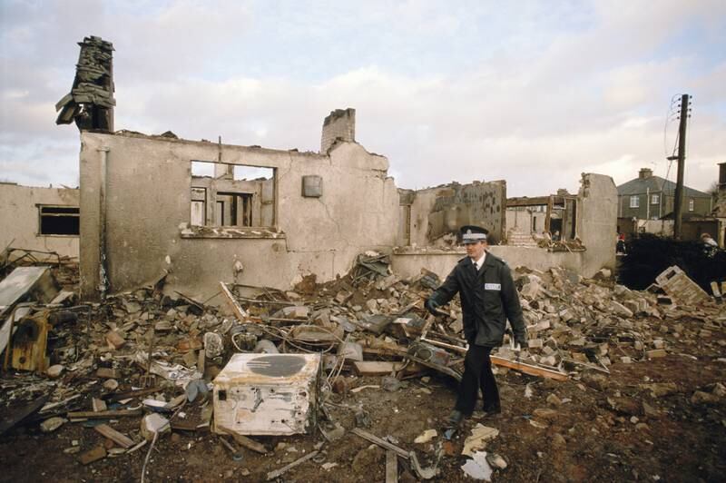 Ruined houses in the town of Lockerbie, after the bombing of Pan Am Flight 103 from London to New York, December 1988. (Photo by Tom Stoddart/Getty Images)