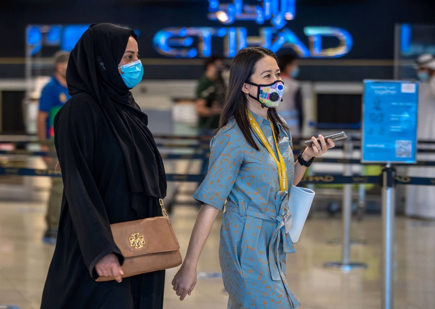 Abu Dhabi, United Arab Emirates, July 8, 2020.   Abu Dhabi International Airport Media Tour by Etihad.  The Etihad Check-In counter area.Victor Besa  / The NationalSection:  NA Reporter: