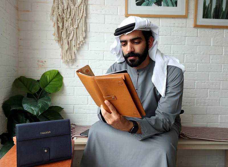 Abu Dhabi, United Arab Emirates - February 28, 2019: Eisa Alsubousi who designs and manufactures leather products in the UAE. Thursday the 28th of February 2019 in Al Muroor area, Abu Dhabi. Chris Whiteoak / The National