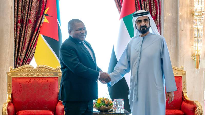 Sheikh Mohammed welcomes Mozambican President Filipe Nyusi at Zabeel Palace in October 2022. Photo: Dubai Media Office