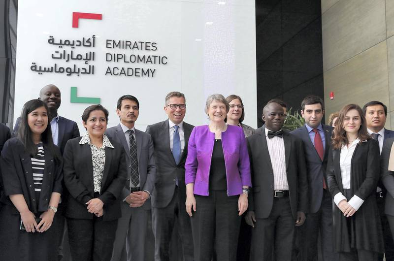 ABU DHABI , UNITED ARAB EMIRATES , Nov 17 – 2019 :- Helen Clark , former Prime Minister of New Zealand with the international students at the Emirates Diplomatic Academy in Abu Dhabi. ( Pawan Singh / The National )  For News. Story by Tom Fletcher 